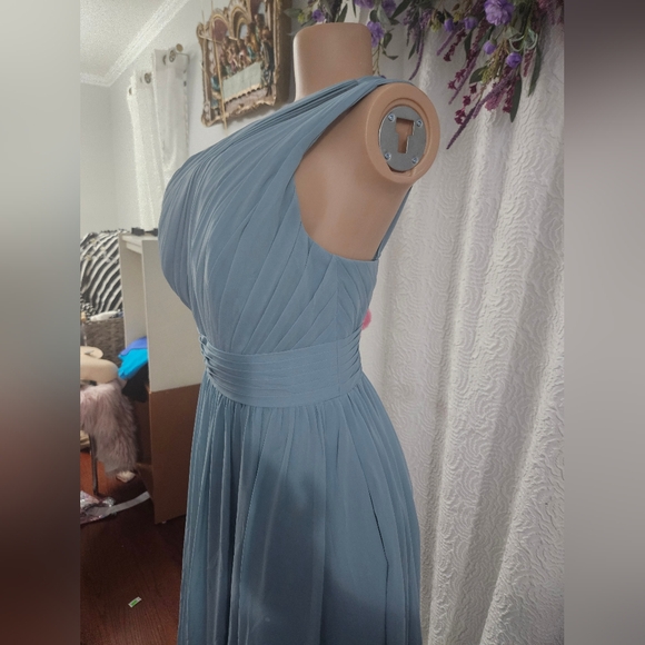 Azazie Blue Ruched One Shoulder Gown - Picture 9 of 12